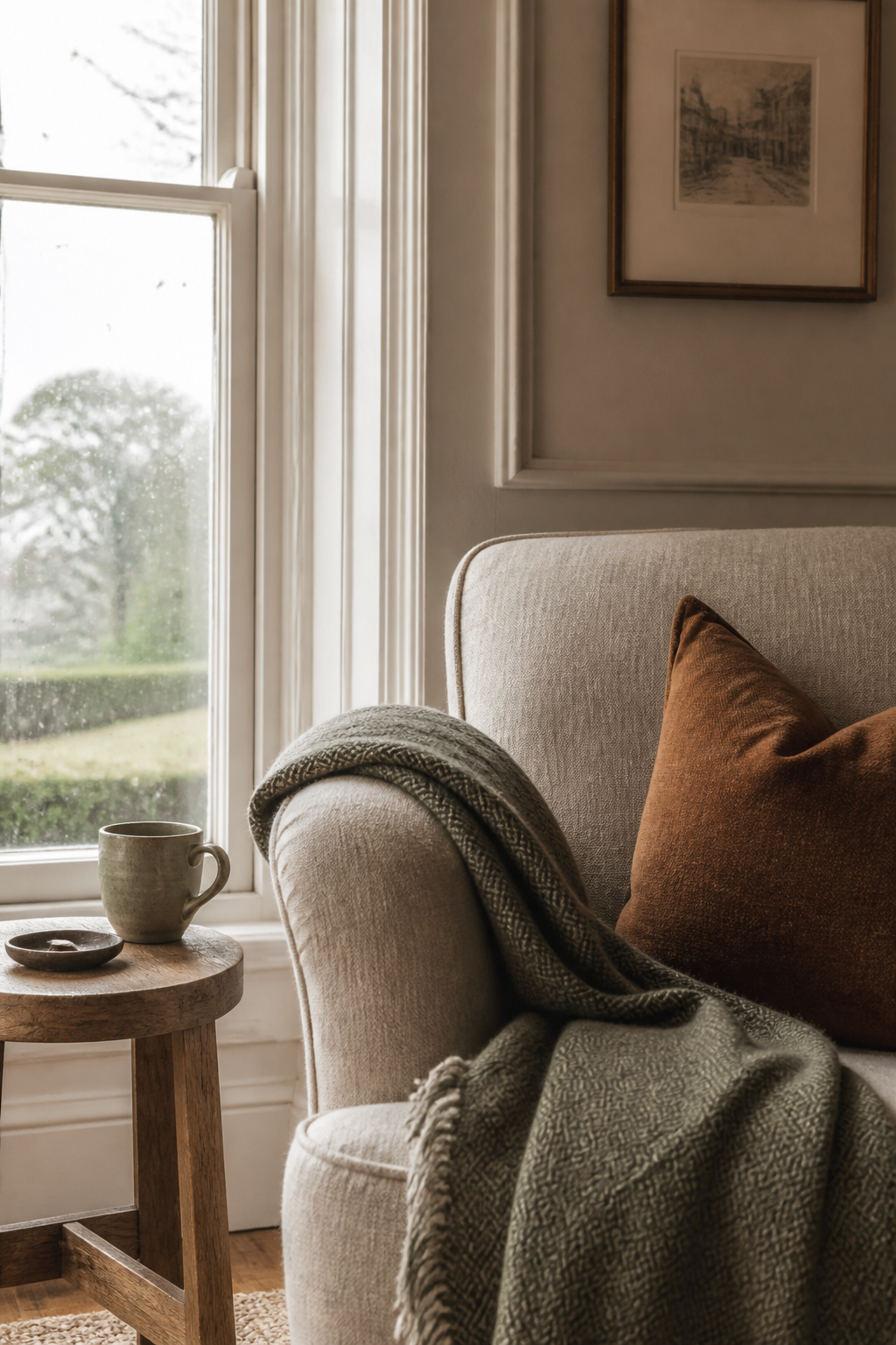 Comfortable reading corner by a sash window